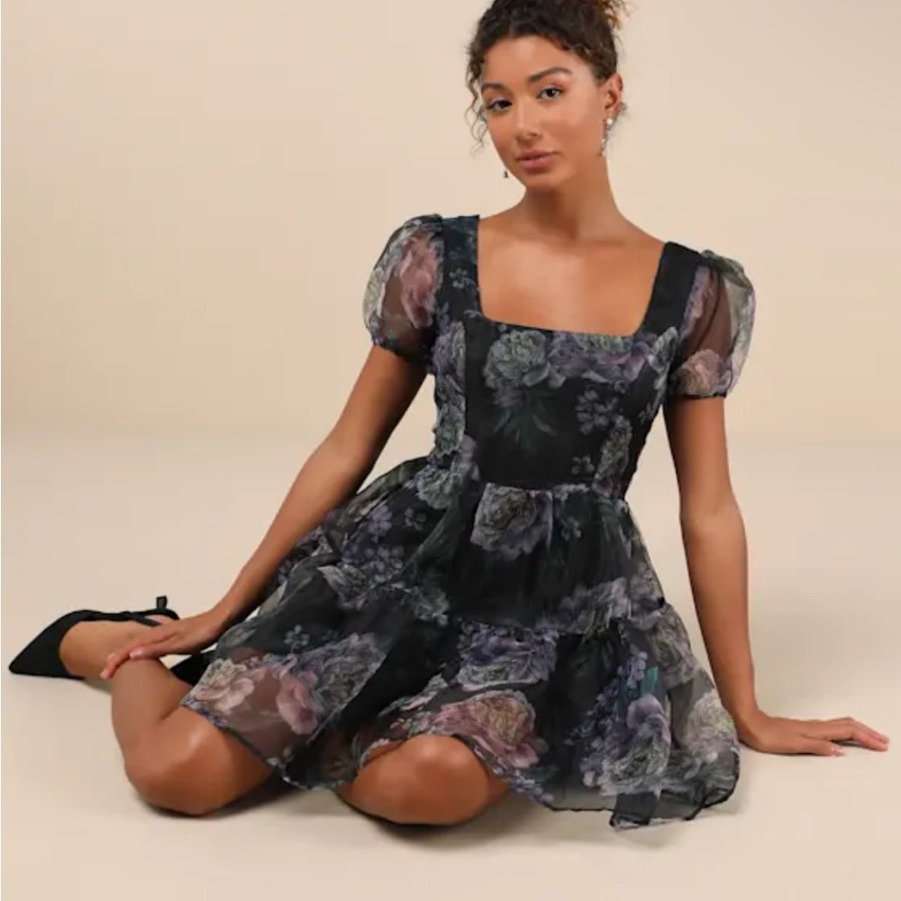 Exceptional Fate Black Floral Organza Puff Sleeve Mini Dress Lulus M NWT